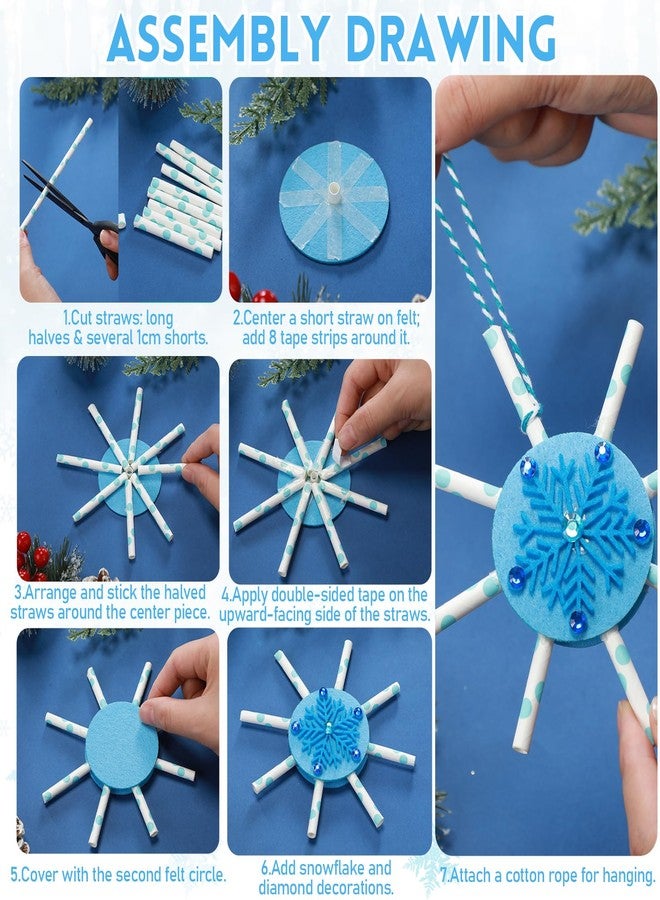 Potchen 50 Sets Winter Snowflake Craft Kits Wonderland Party Favor DIY 3D Snow Hanging Ornaments Make Your Own Snowflake Felt Paper Straws Diamond Stickers for Holiday Ice Party Favor - Image 3